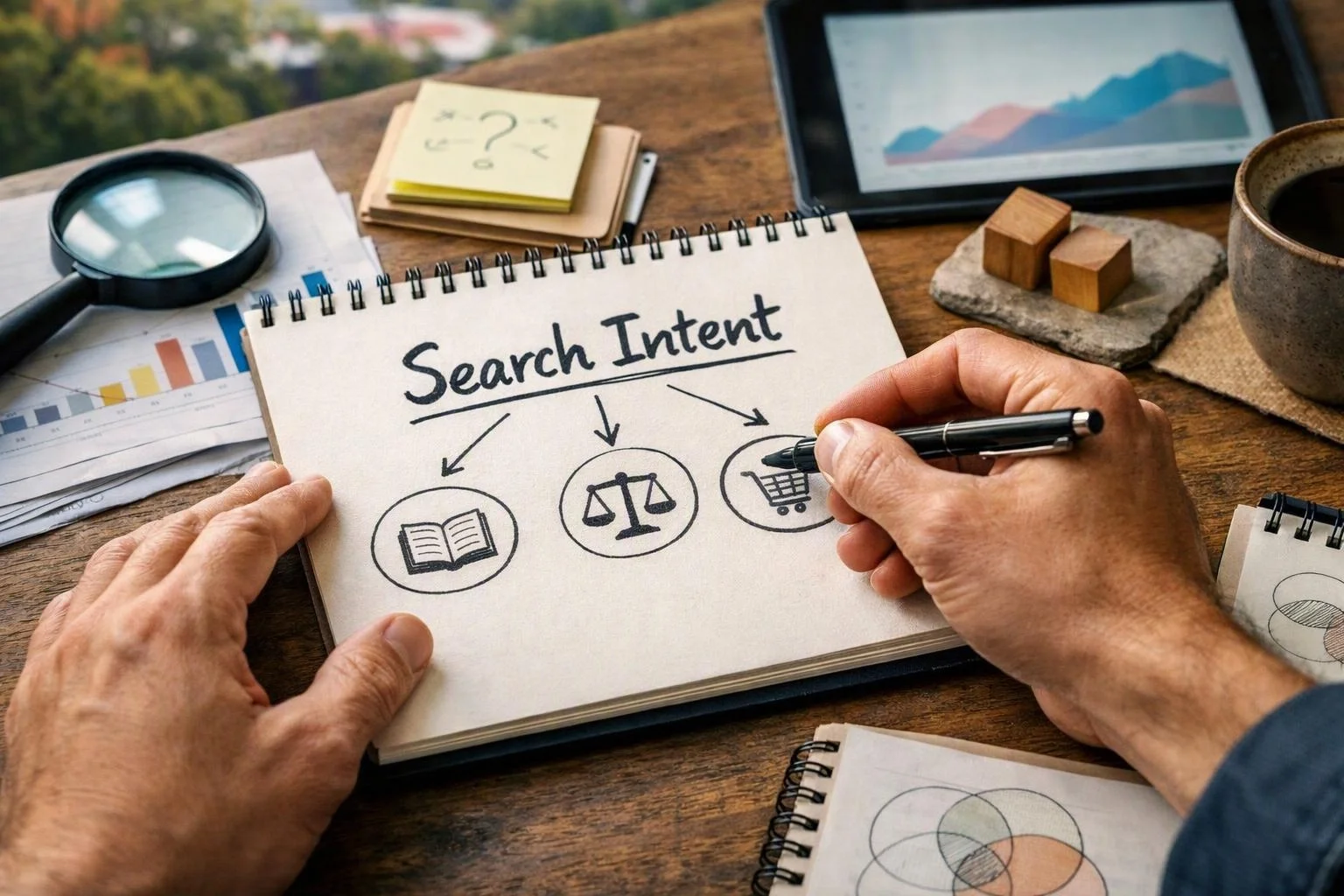 Hands sketch search intent icons on a notebook at a wooden desk with charts and a tablet nearby