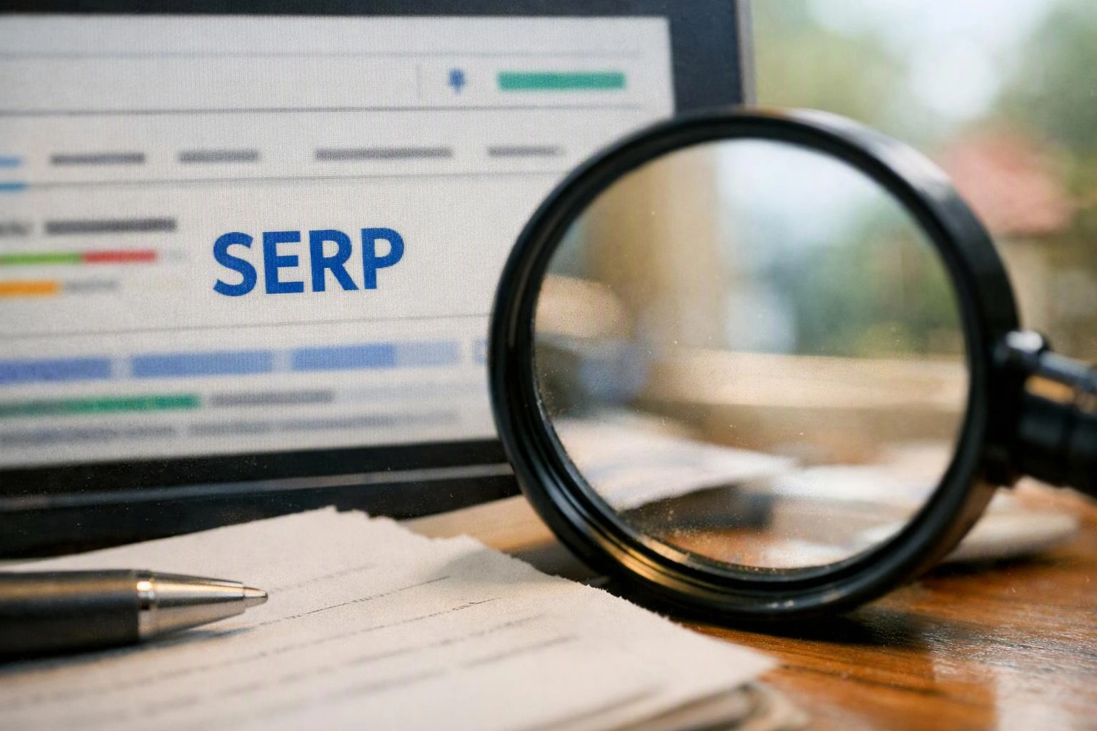 A magnifying glass rests on a desk beside a pen and paper, with a blurred screen showing “SERP” in the background