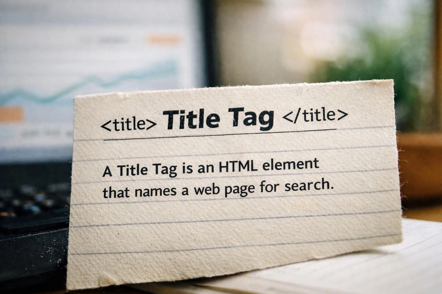 A torn card shows “Title Tag” and explains it names a web page for search