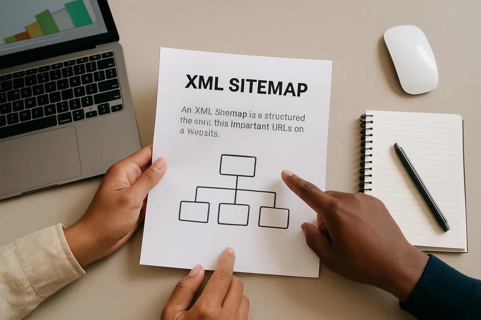 Two hands hold a paper titled "XML SITEMAP" above a desk with a laptop, mouse, and notebook