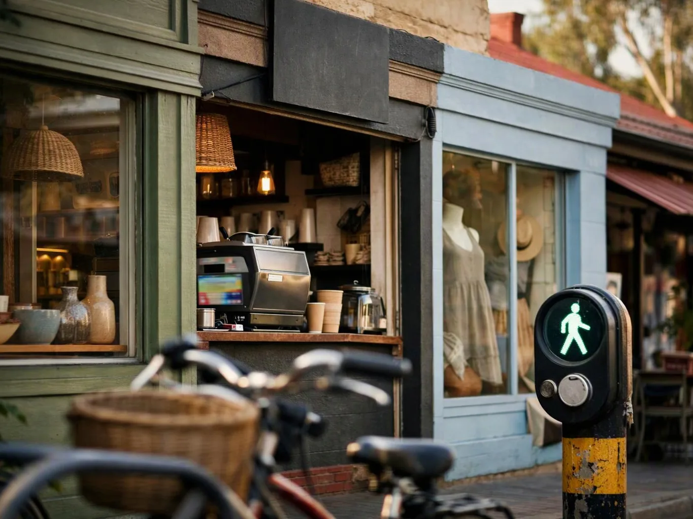 A glowing pedestrian signal stands beside a quaint storefront with a coffee window and display mannequins