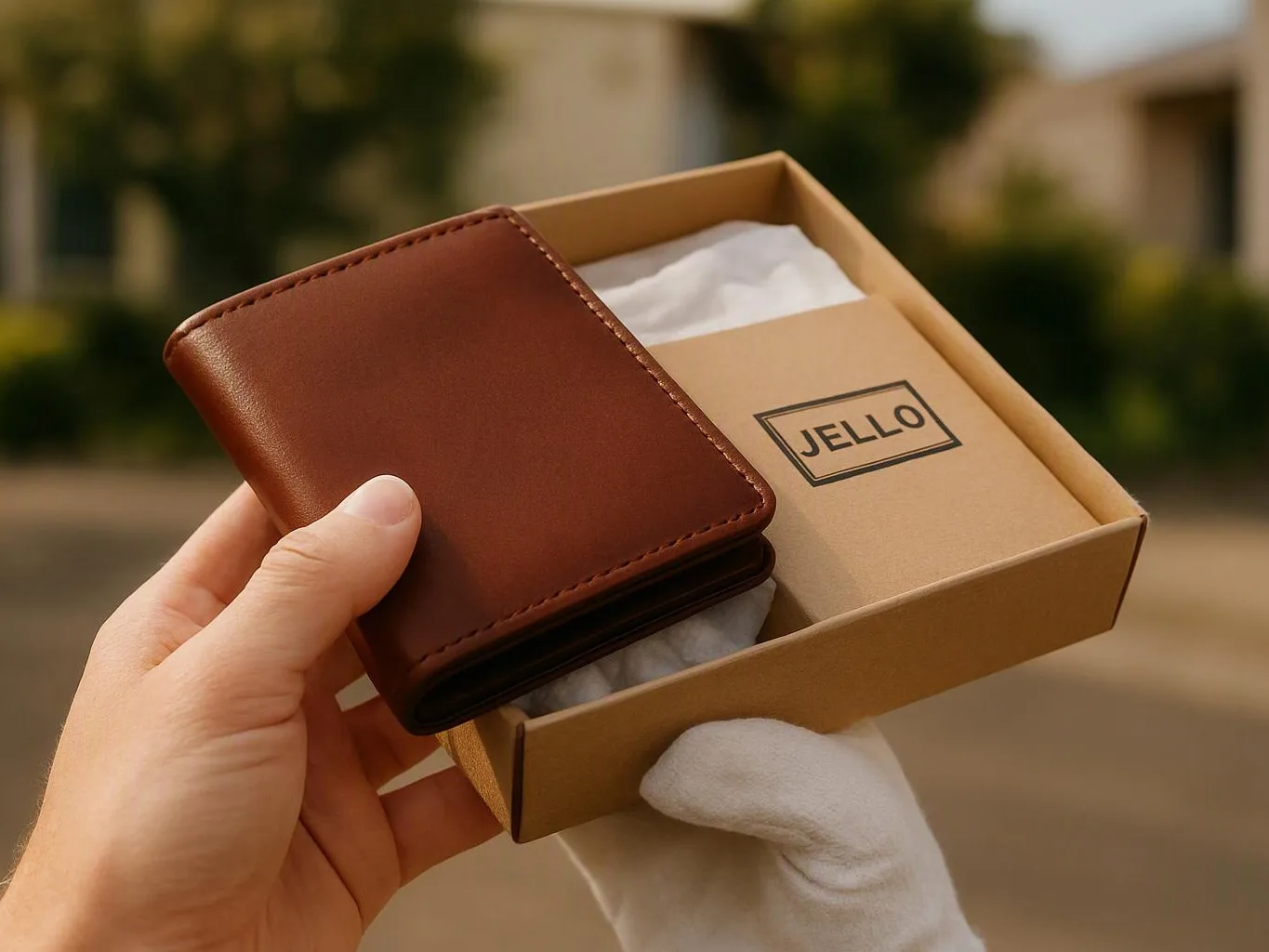 A hand holds a brown leather wallet over an open cardboard box labeled JELLO outdoors