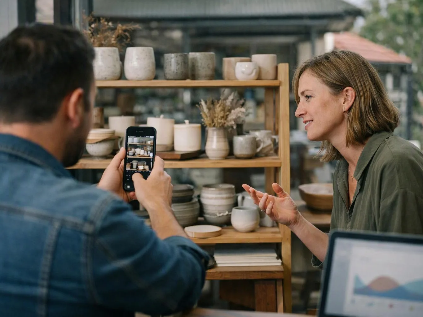 A man films a woman talking beside shelves of ceramic pots in a bright shop setting