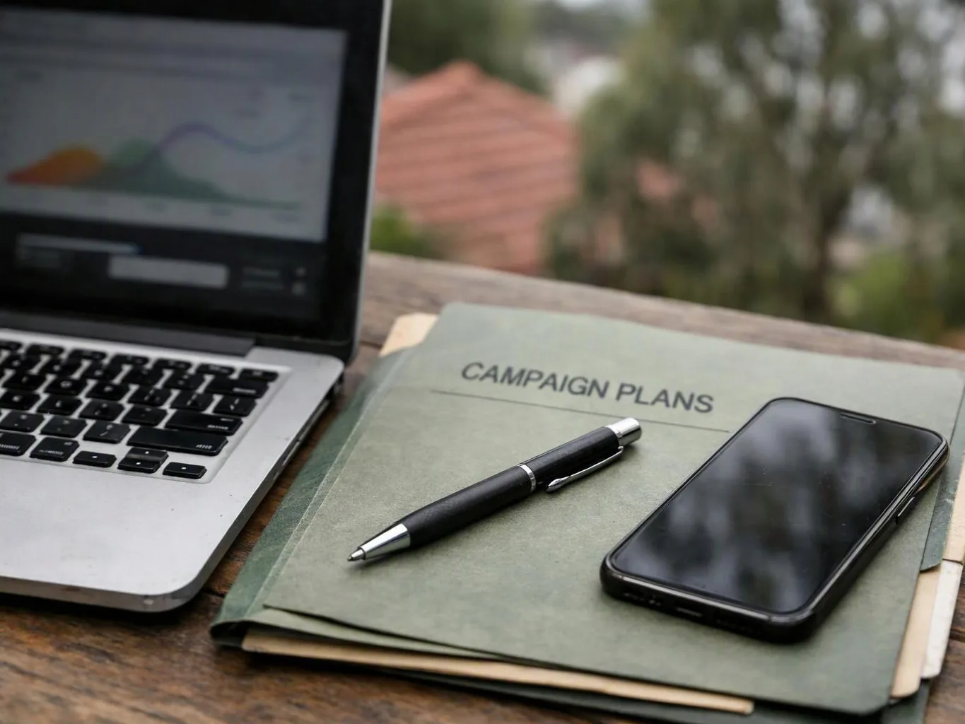 A laptop, pen, and smartphone sit on a folder labeled “CAMPAIGN PLANS” on a wooden table