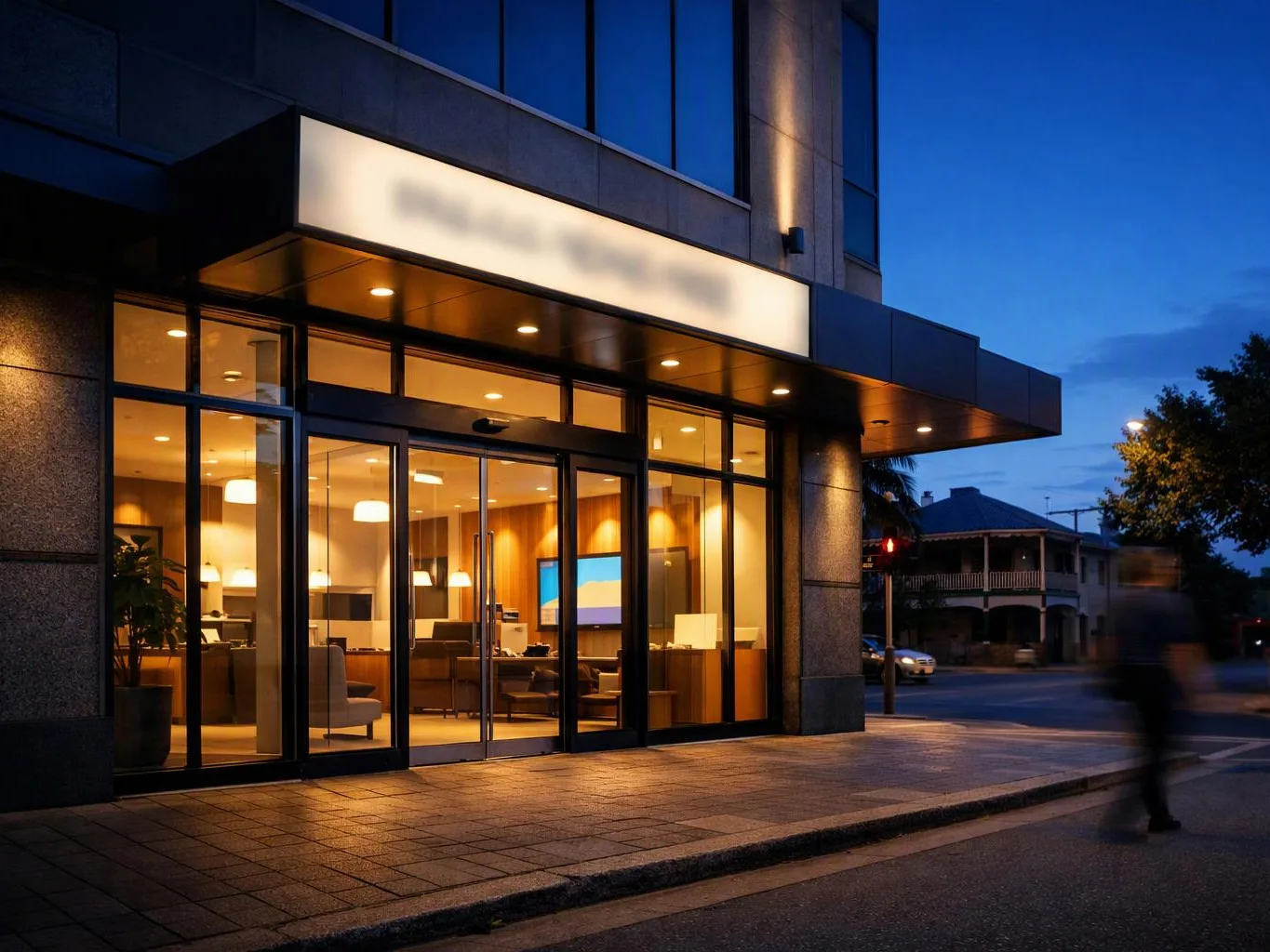 A lit glass storefront glows at dusk, with empty chairs inside and a blurred pedestrian passing outside
