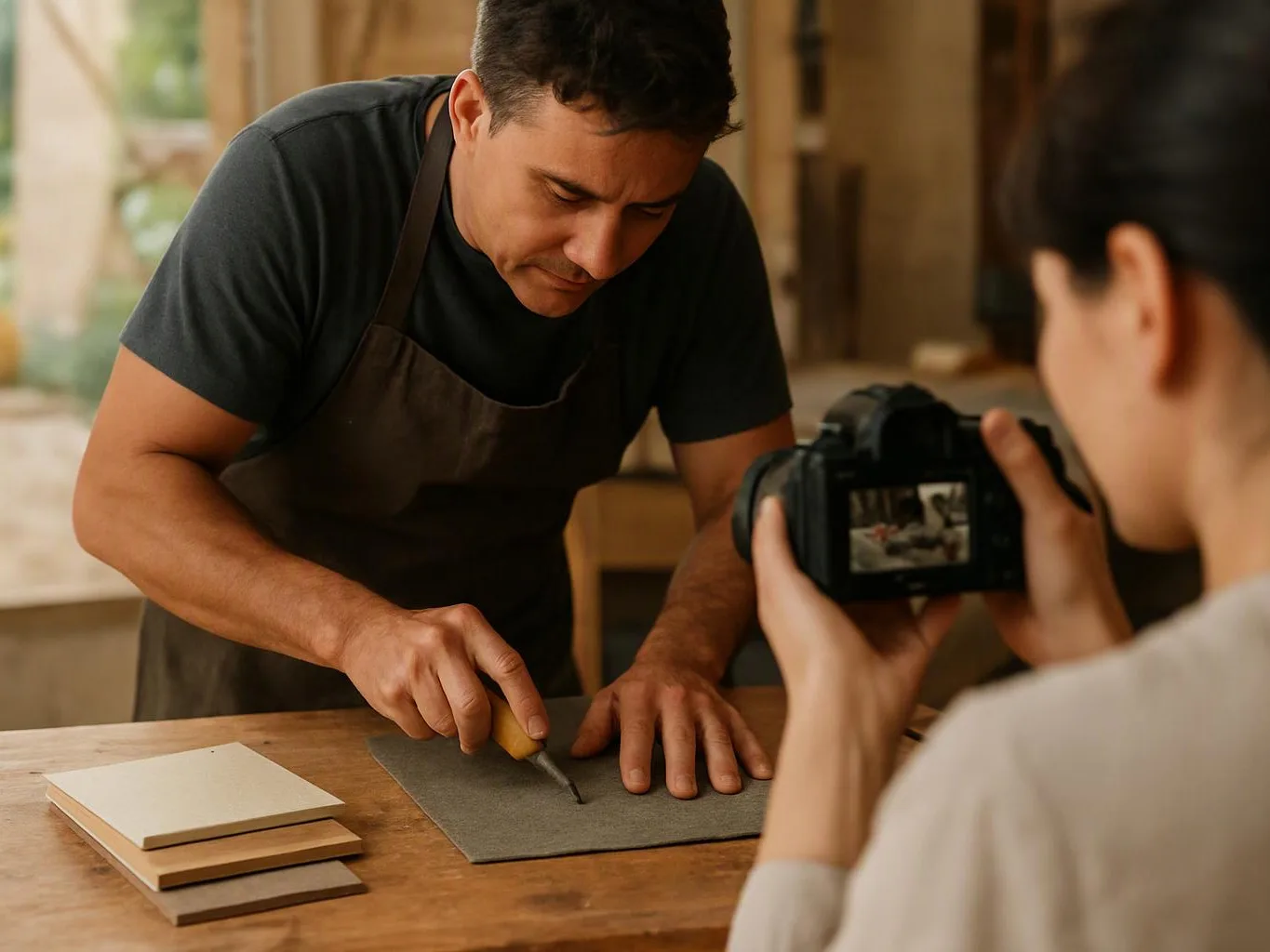A man in an apron cuts material on a wooden table while someone photographs him indoors