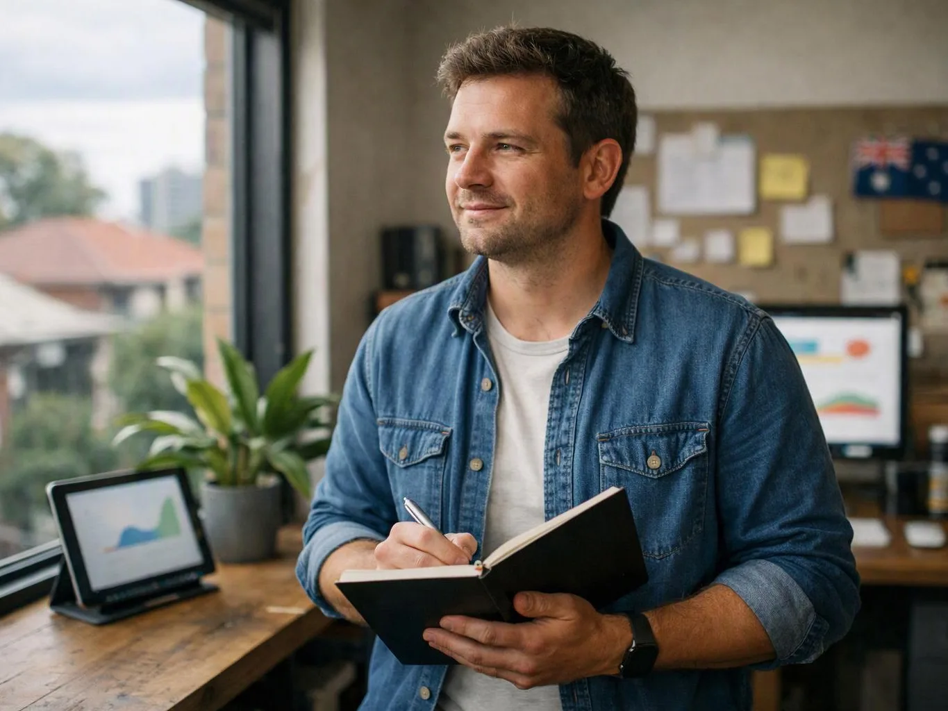 A man in a denim shirt writes in a notebook beside a desk and window in an office room