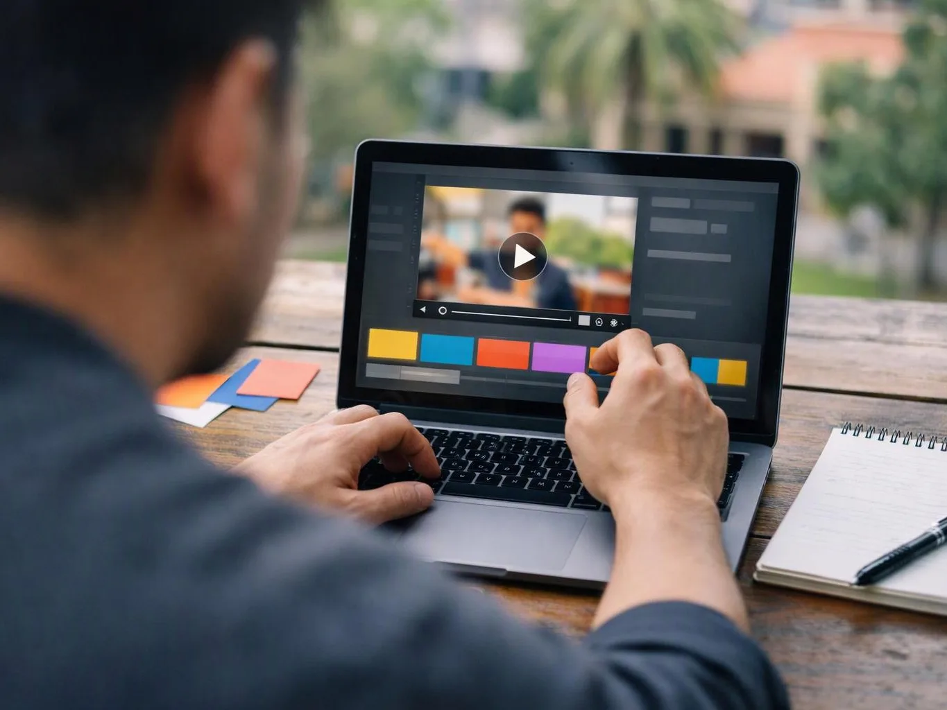 A man edits a video on a laptop outdoors, with colour blocks and a play button on the screen