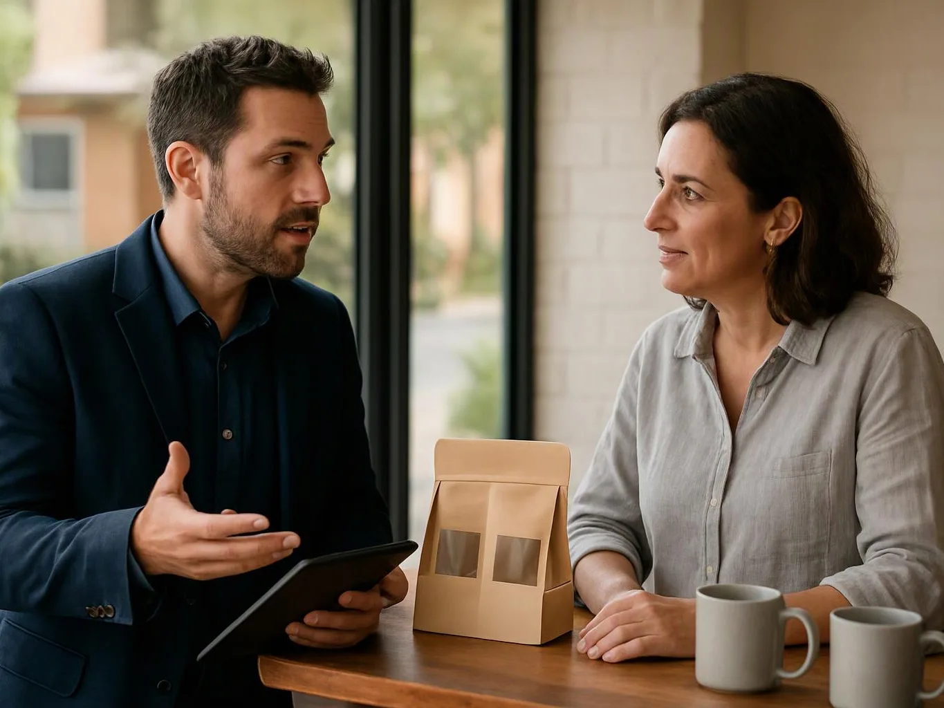 A man gestures with a tablet while talking to a woman beside coffee mugs and a paper bag at a table