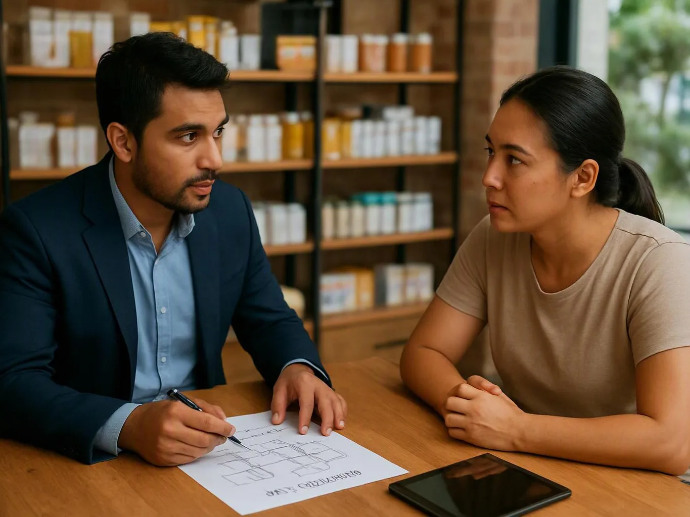 A man points at a sketch on paper while talking with a woman across a wooden table in a shop-like room