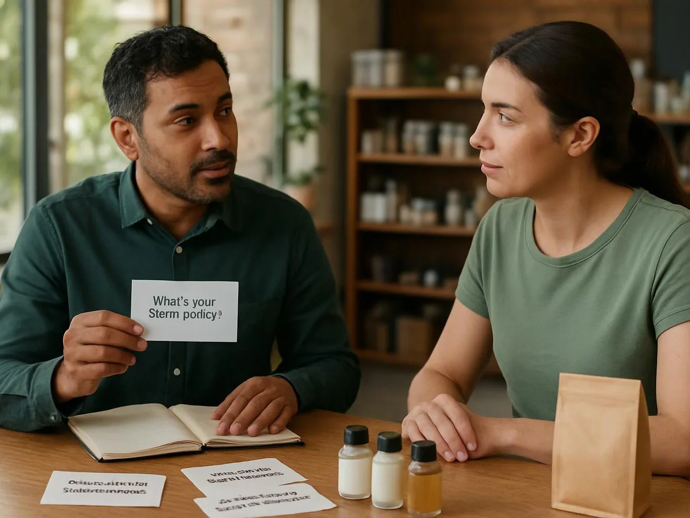 A man shows a card while talking to a woman at a table with bottles and papers in a warm shop-like room