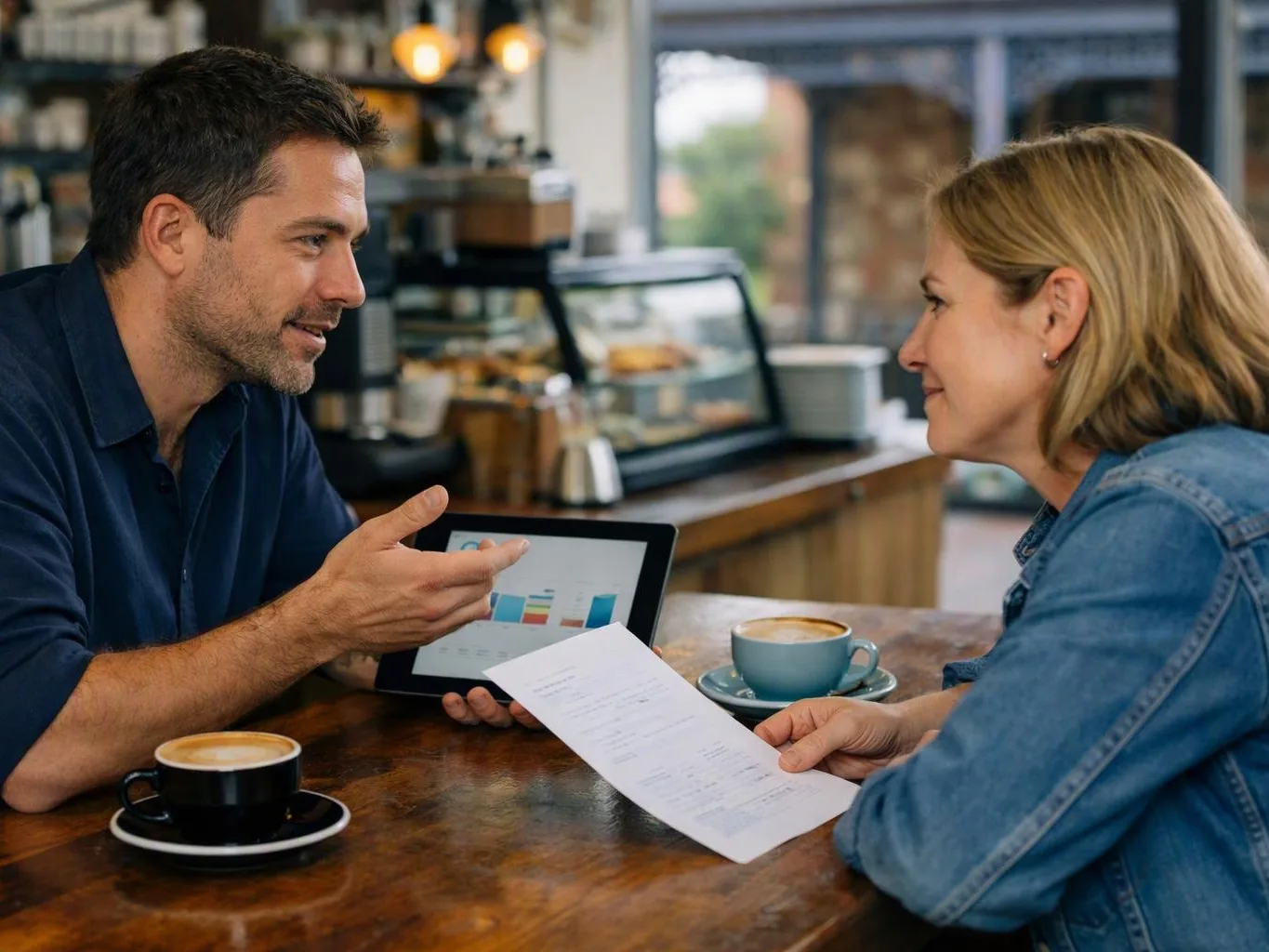 A man shows a tablet chart to a woman across a café table while they talk over coffee