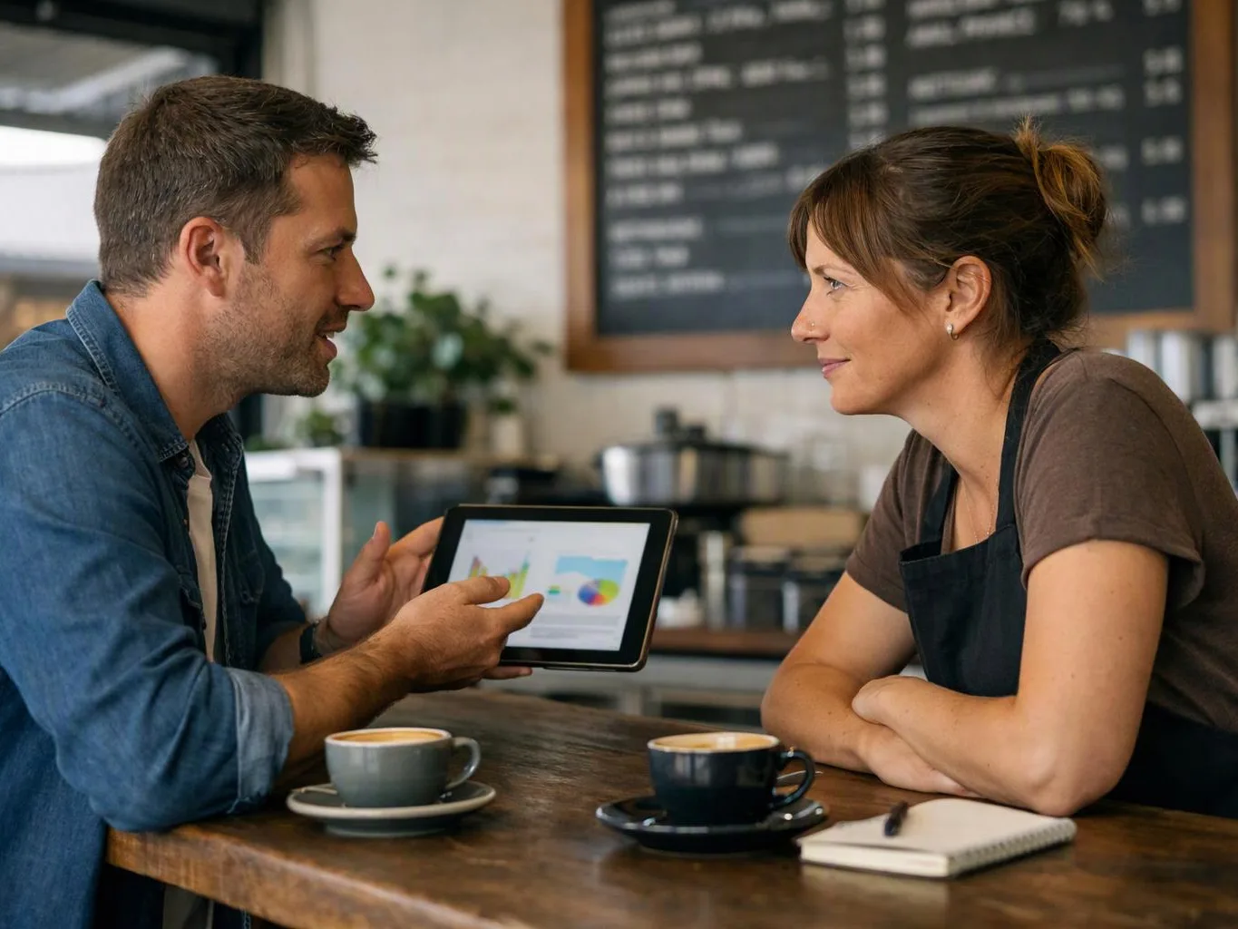 A man shows a tablet with charts to a woman across a cafe table