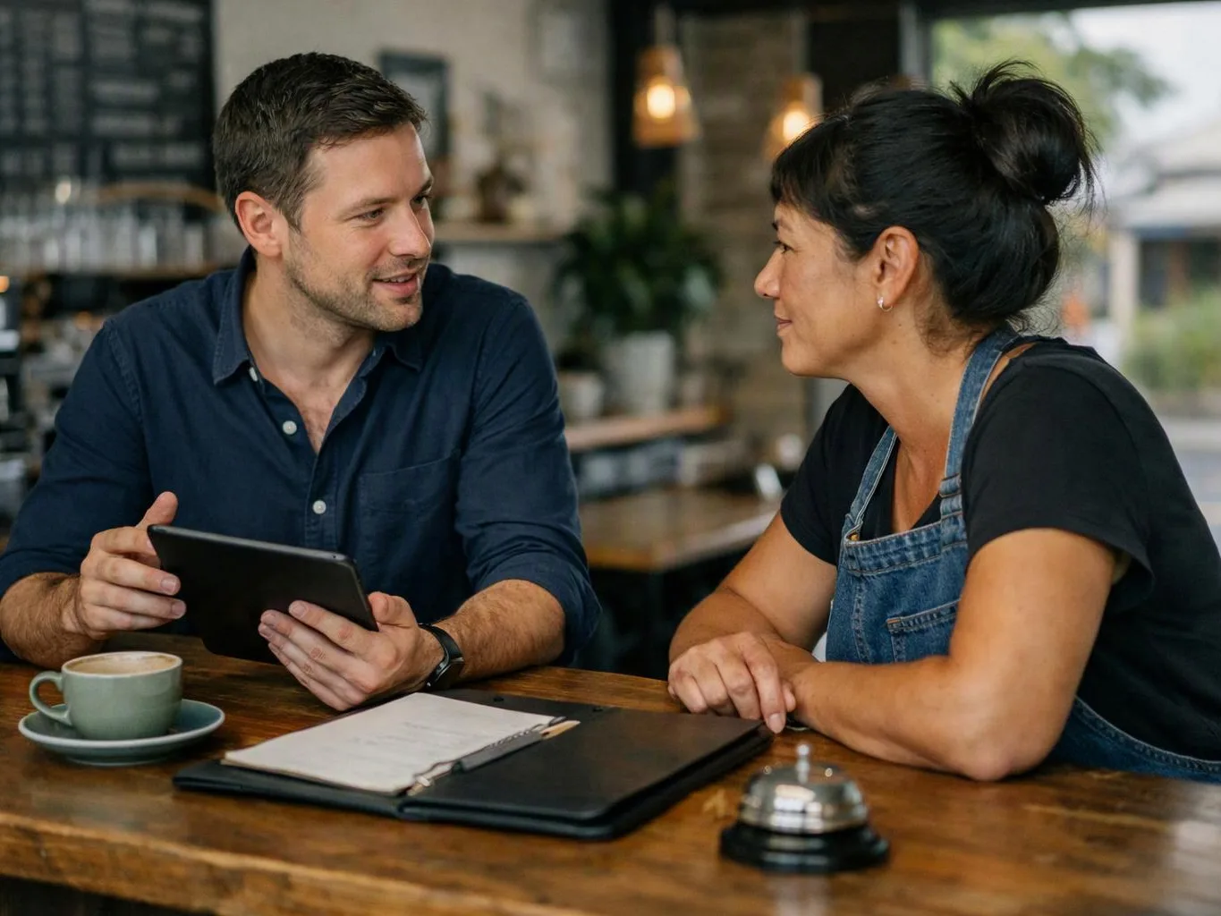 A man shows a tablet to a woman across a cafe table with a coffee cup and notebook