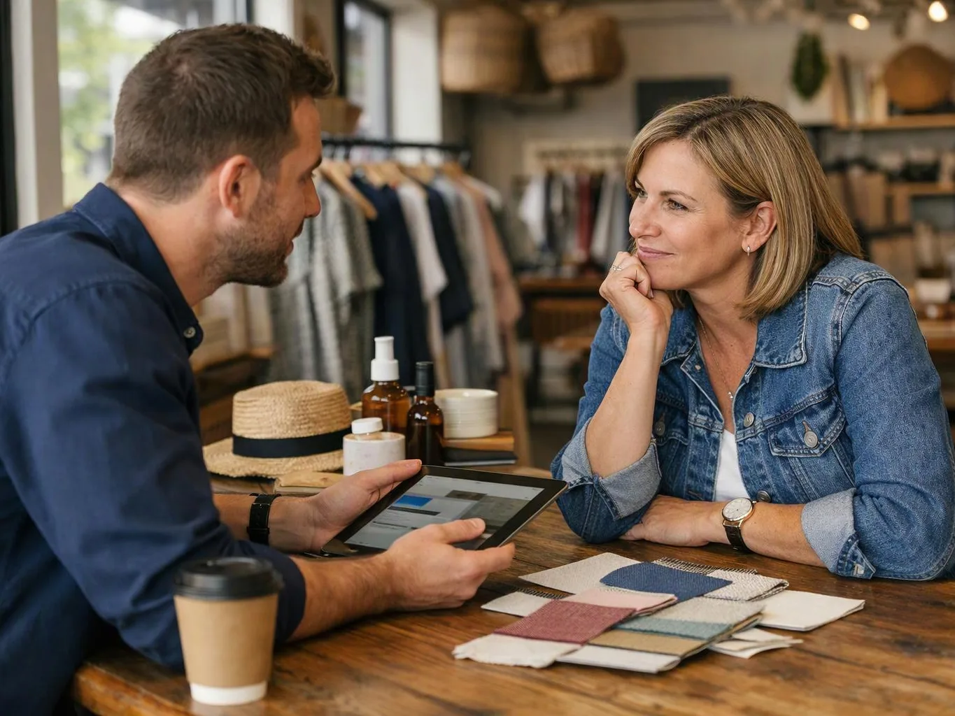 A man shows a tablet to a woman across a wooden table in a clothing shop