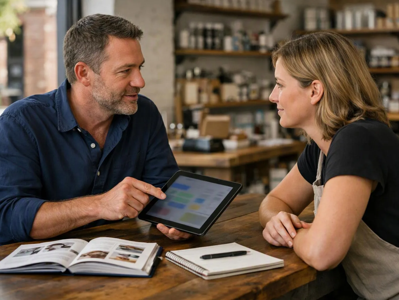 A man shows a tablet to a woman across a wooden table in a cozy shop setting