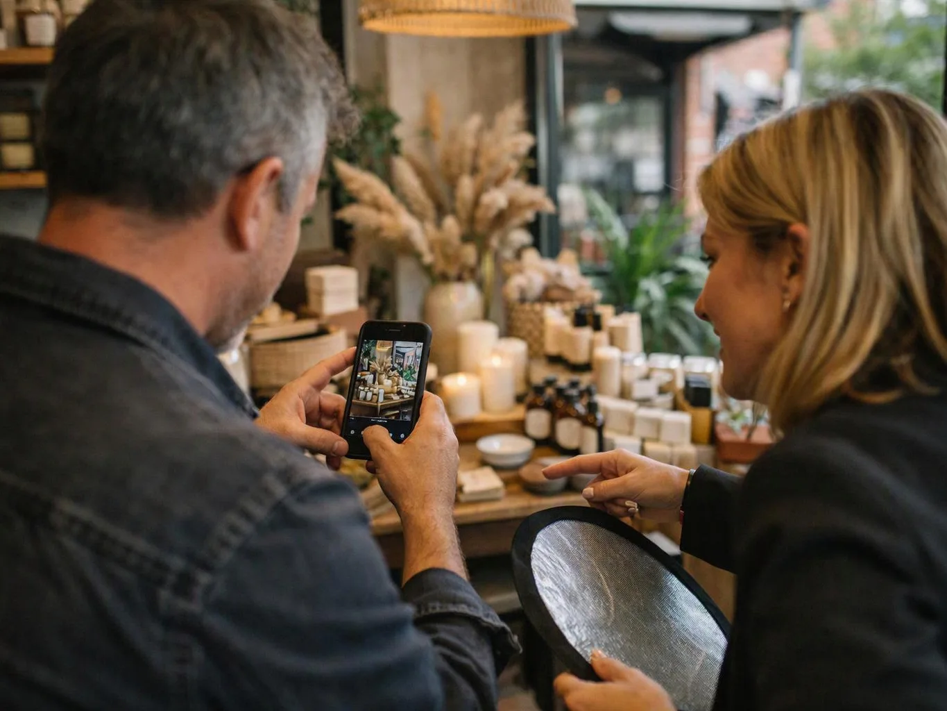 A man shows a woman a phone photo of candles and dried flowers in a cozy shop setting