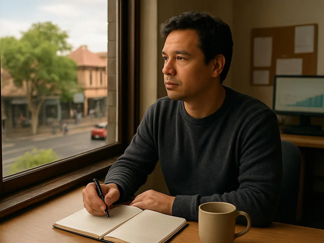 A man sits at a desk by a window, writing in a notebook and looking outside