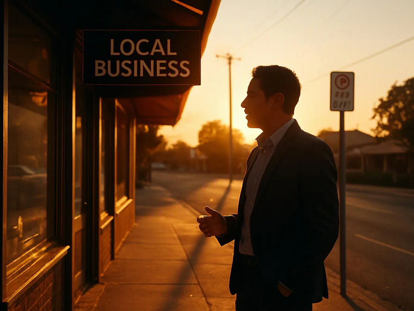 A man stands on a sidewalk beside a storefront sign reading “LOCAL BUSINESS” at sunset