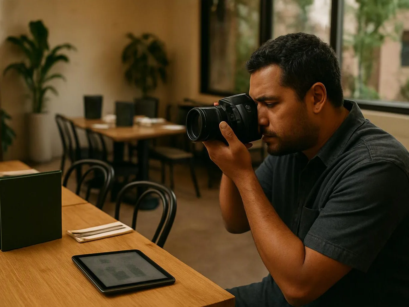 A man studies a camera at a wooden table inside a quiet cafe-like room