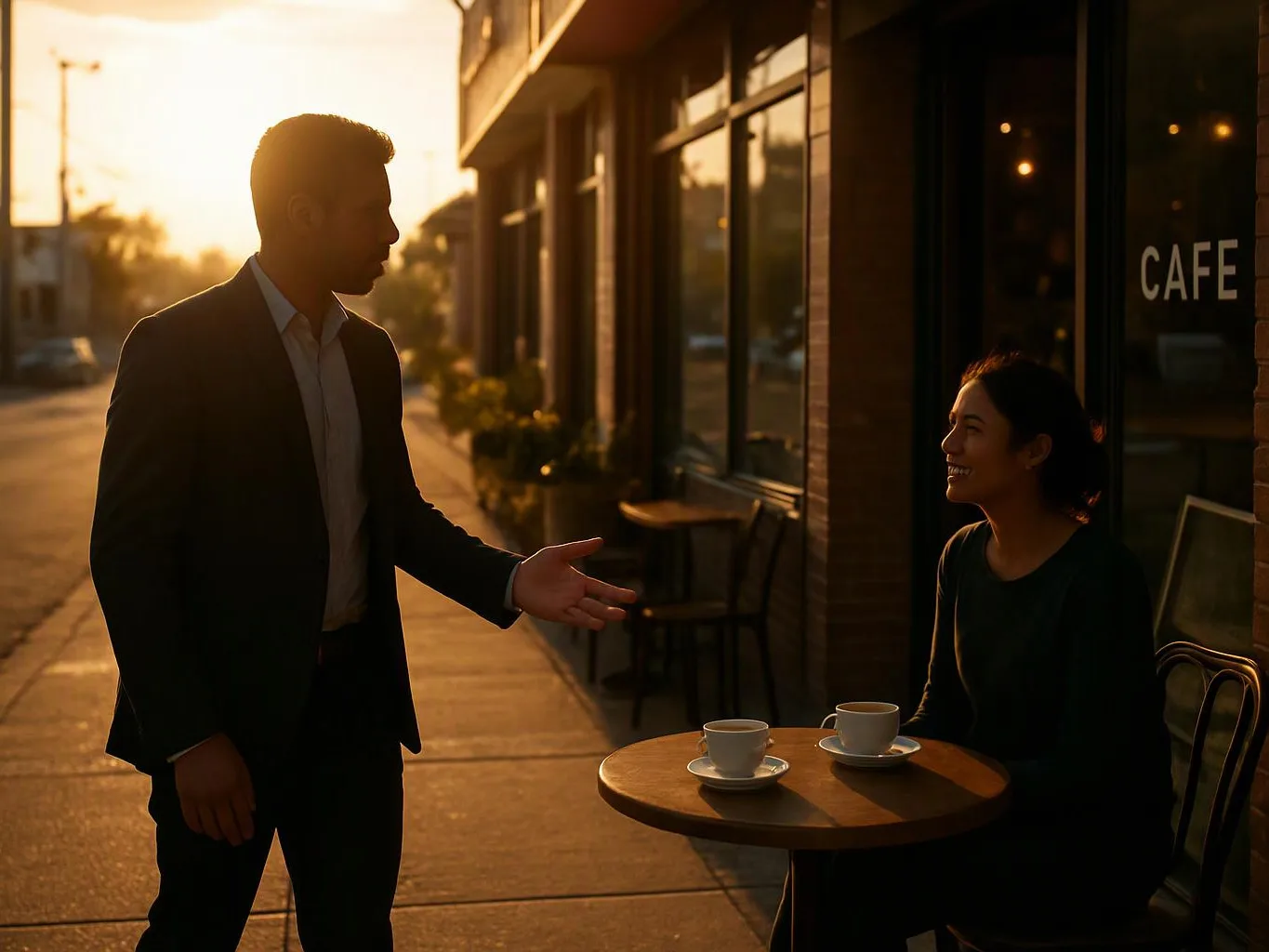 A man in a suit gestures to a smiling woman seated at a café table with two coffee cups at sunset