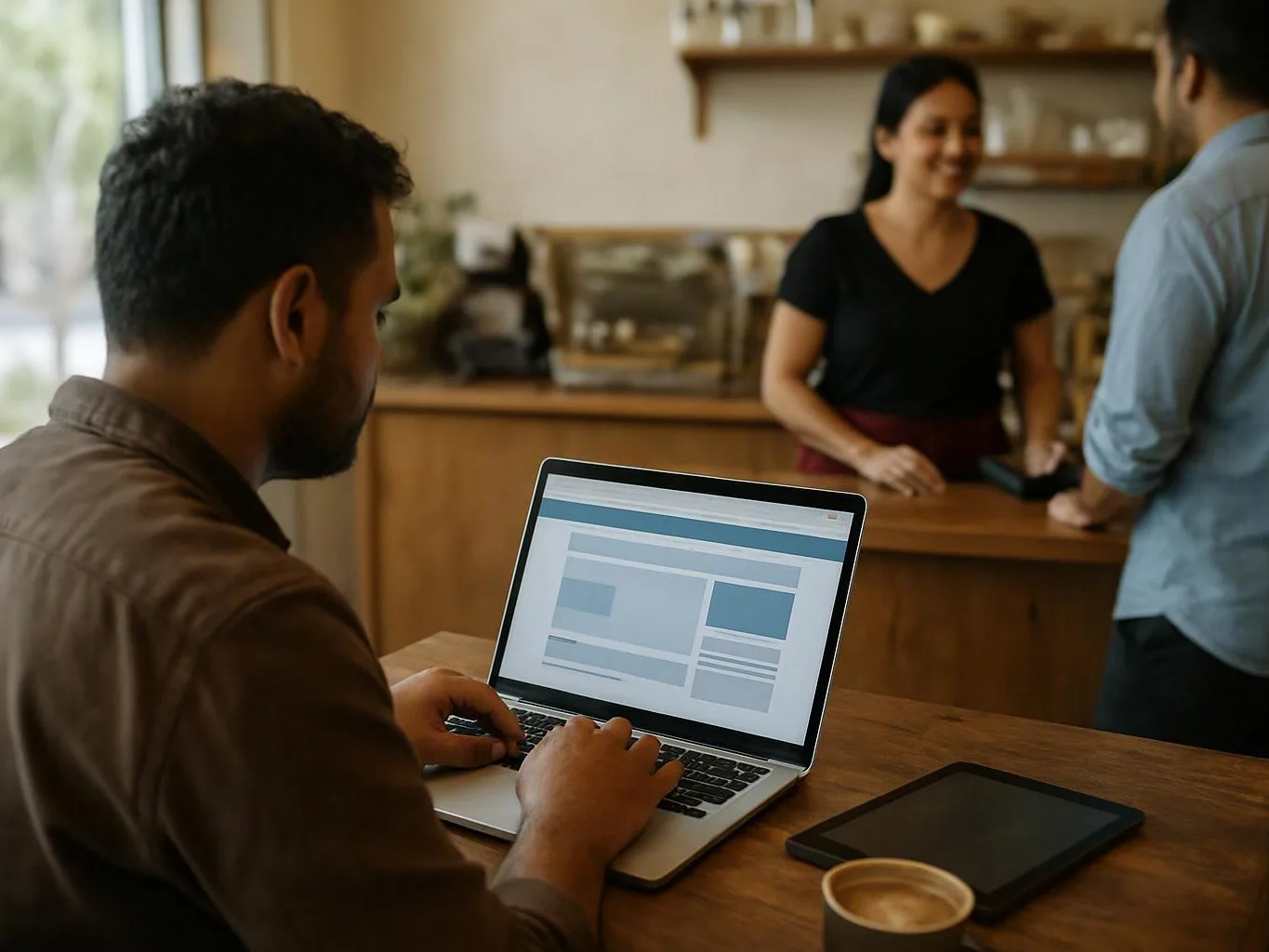A man types on a laptop at a wooden table while two people chat behind a café counter