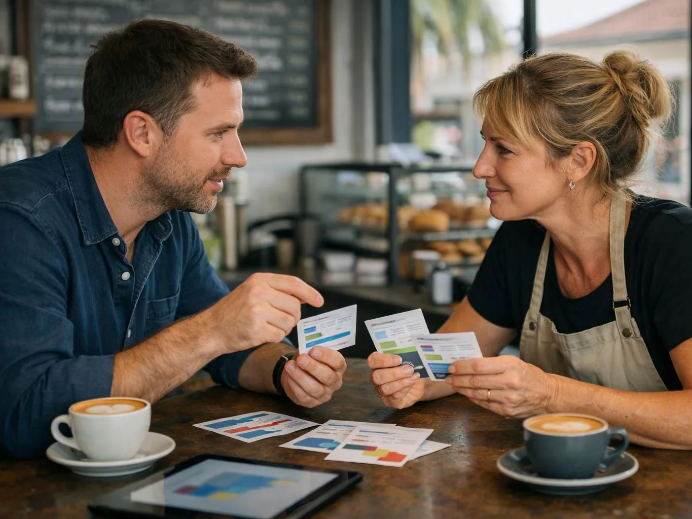 A man and woman in aprons compare small printed cards at a café table with coffee and a tablet