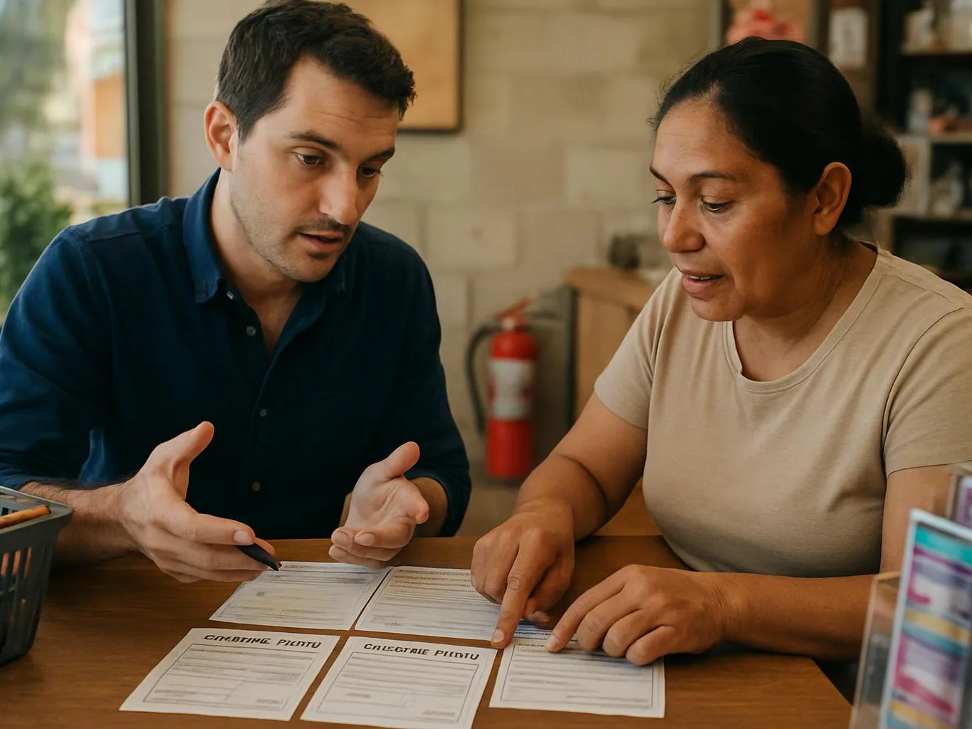 A man and woman review printed forms together at a table in a warm indoor room