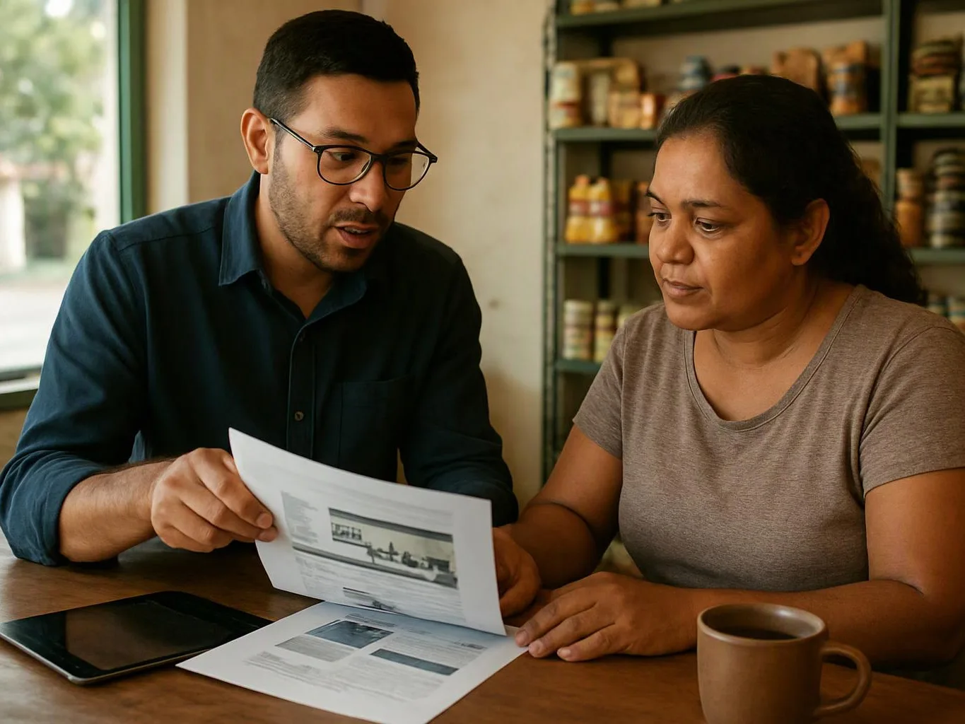A man and woman review printed pages together at a wooden table, with shelves and a coffee mug nearby