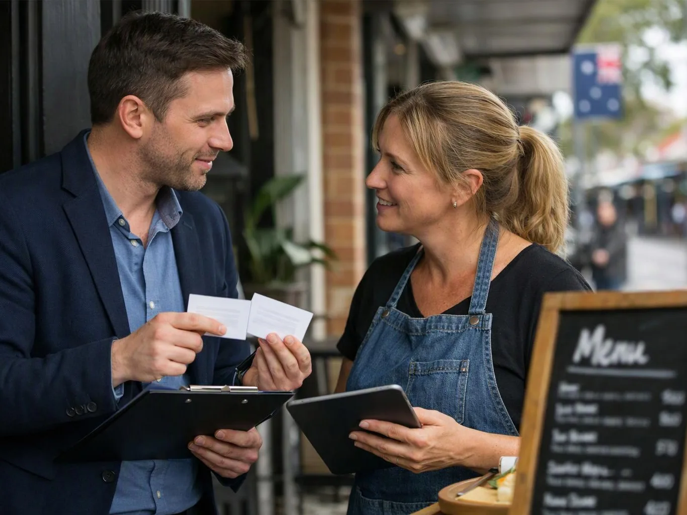 A man and woman smile outside a cafe while checking cards and clipboards near a menu board