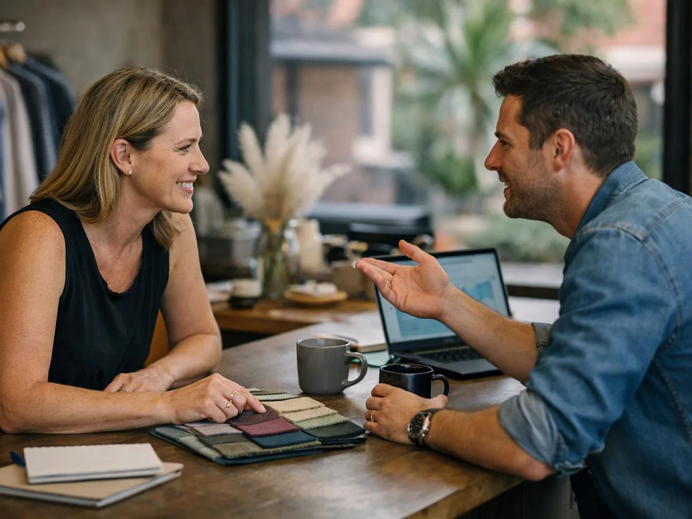 A man and woman smile and talk across a table with fabric swatches, mugs, and a laptop in a bright workspace