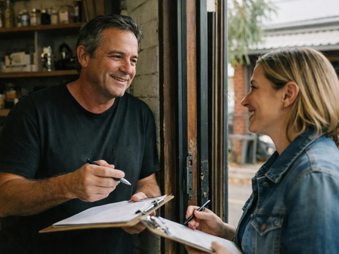 A man and woman smile while holding clipboards at an open doorway, with shelves and a brick wall behind them