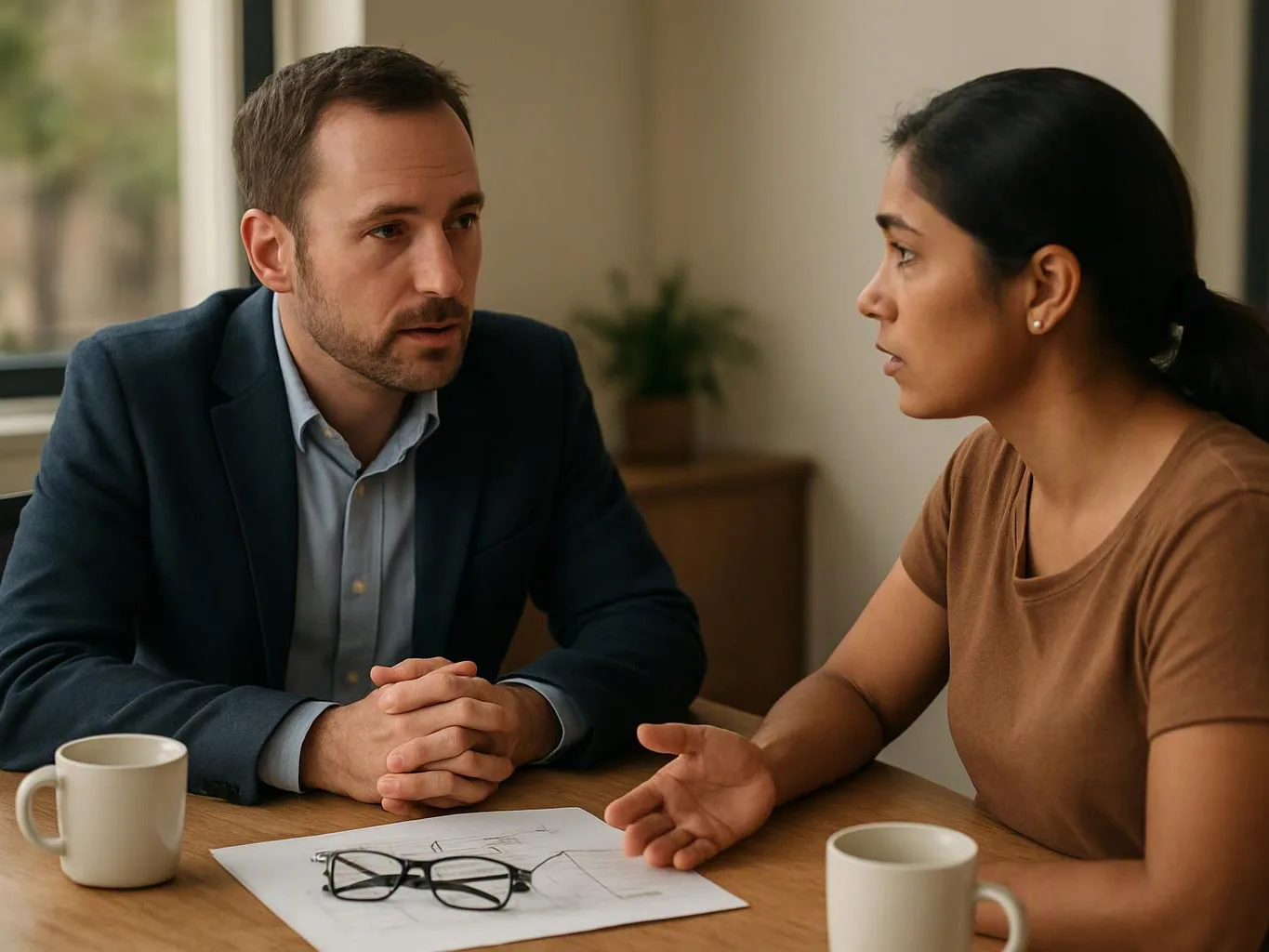 A man and woman talk across a table with papers, glasses, and coffee mugs in a quiet room