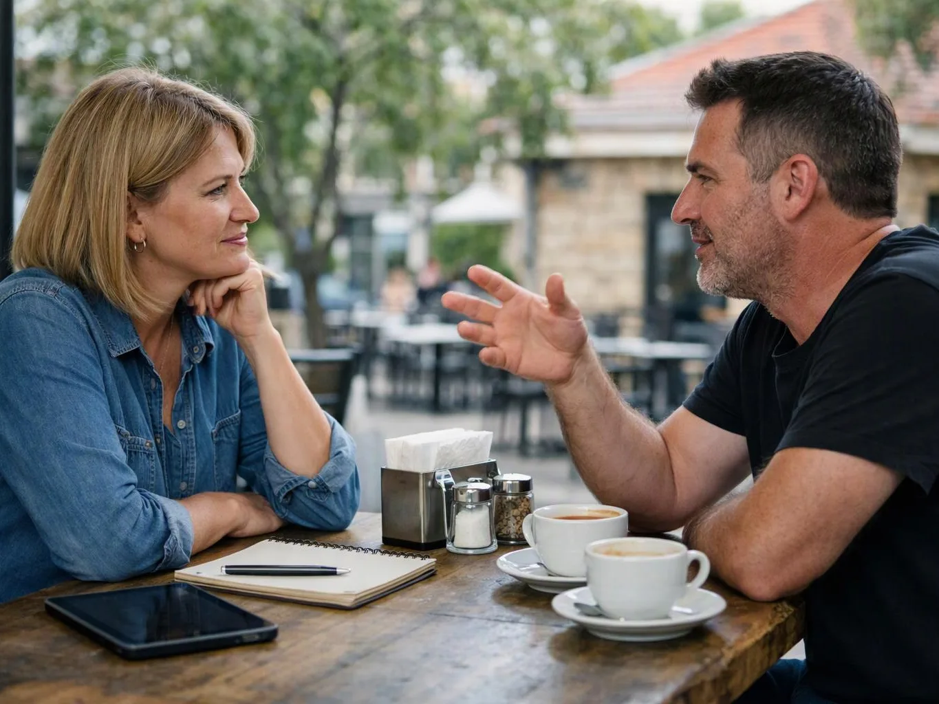 A man and woman talk across a wooden café table with coffee cups, a notebook, and a phone outside