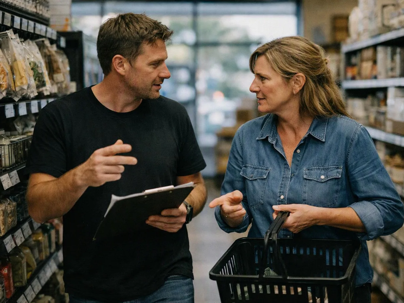 A man and woman talk in a grocery aisle, holding a clipboard and a shopping basket