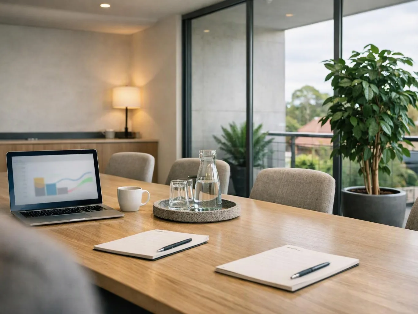 A modern conference table holds a laptop, notebooks, pens, a mug, and a water carafe beside a bright window and potted plant