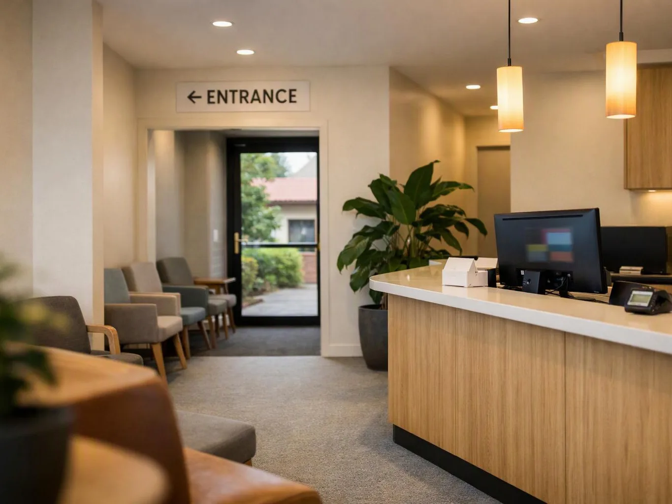 A modern reception area with a desk, waiting chairs, a potted plant, and an entrance door with an "ENTRANCE" sign
