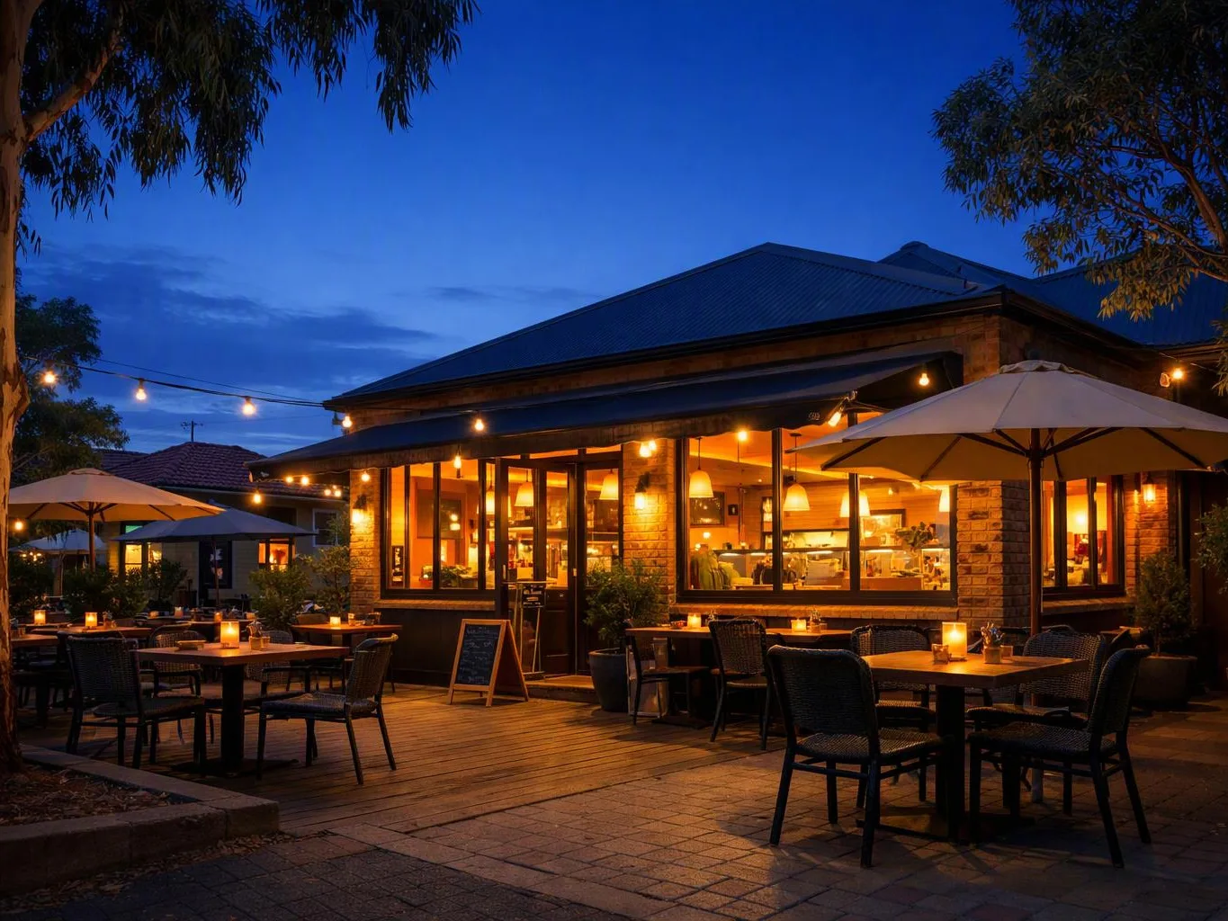 An outdoor restaurant patio glows at dusk, with lit tables, umbrellas, and a warmly lit brick building