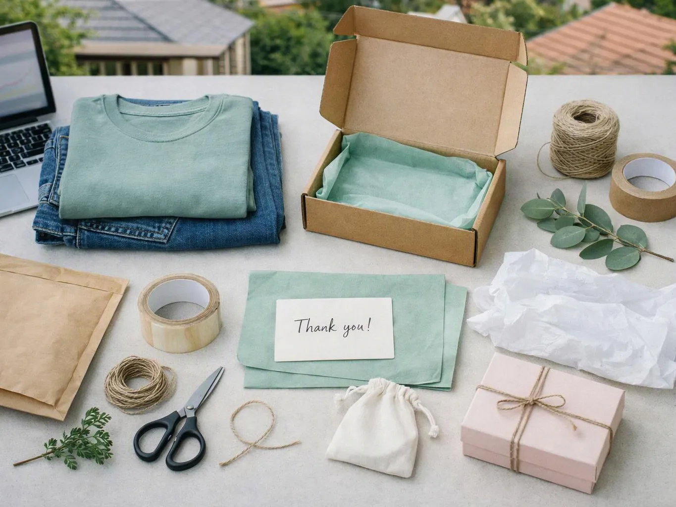Packing supplies and folded clothes sit on a table beside an open box and thank you card
