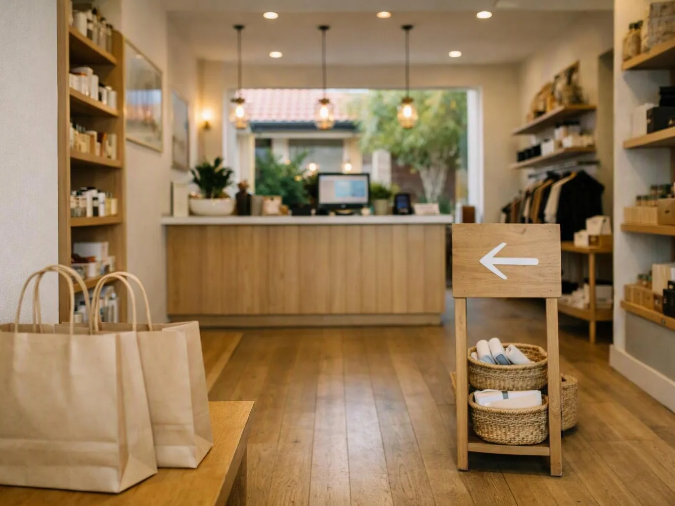 Paper shopping bags sit on a wooden table inside a neat boutique with shelves and a counter