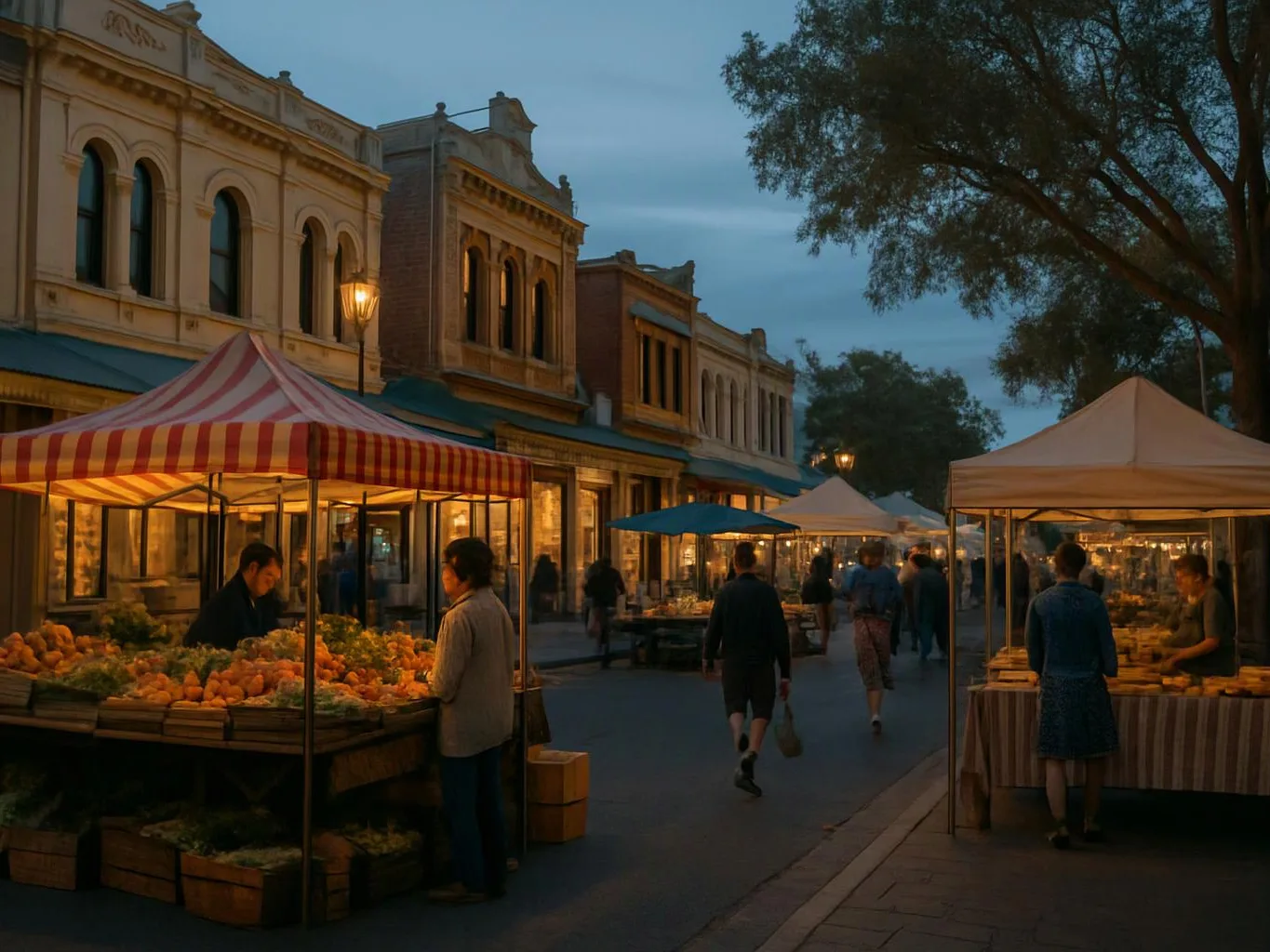 People browse glowing produce stalls along a twilight street lined with old shops and trees