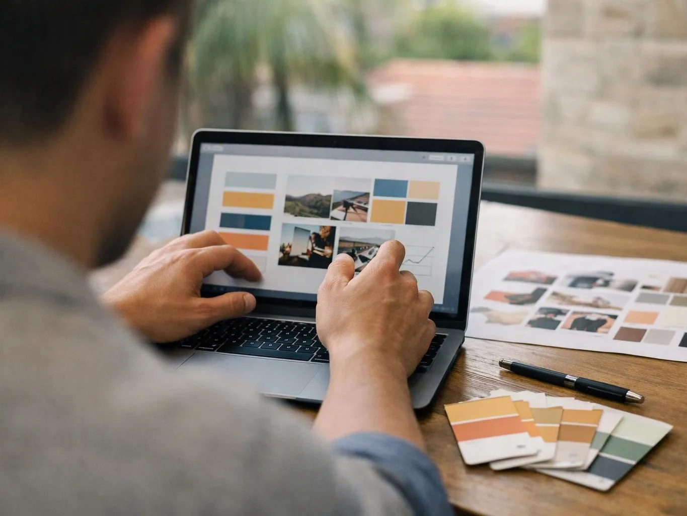 A person arranges color swatches and photos on a laptop screen at a wooden desk