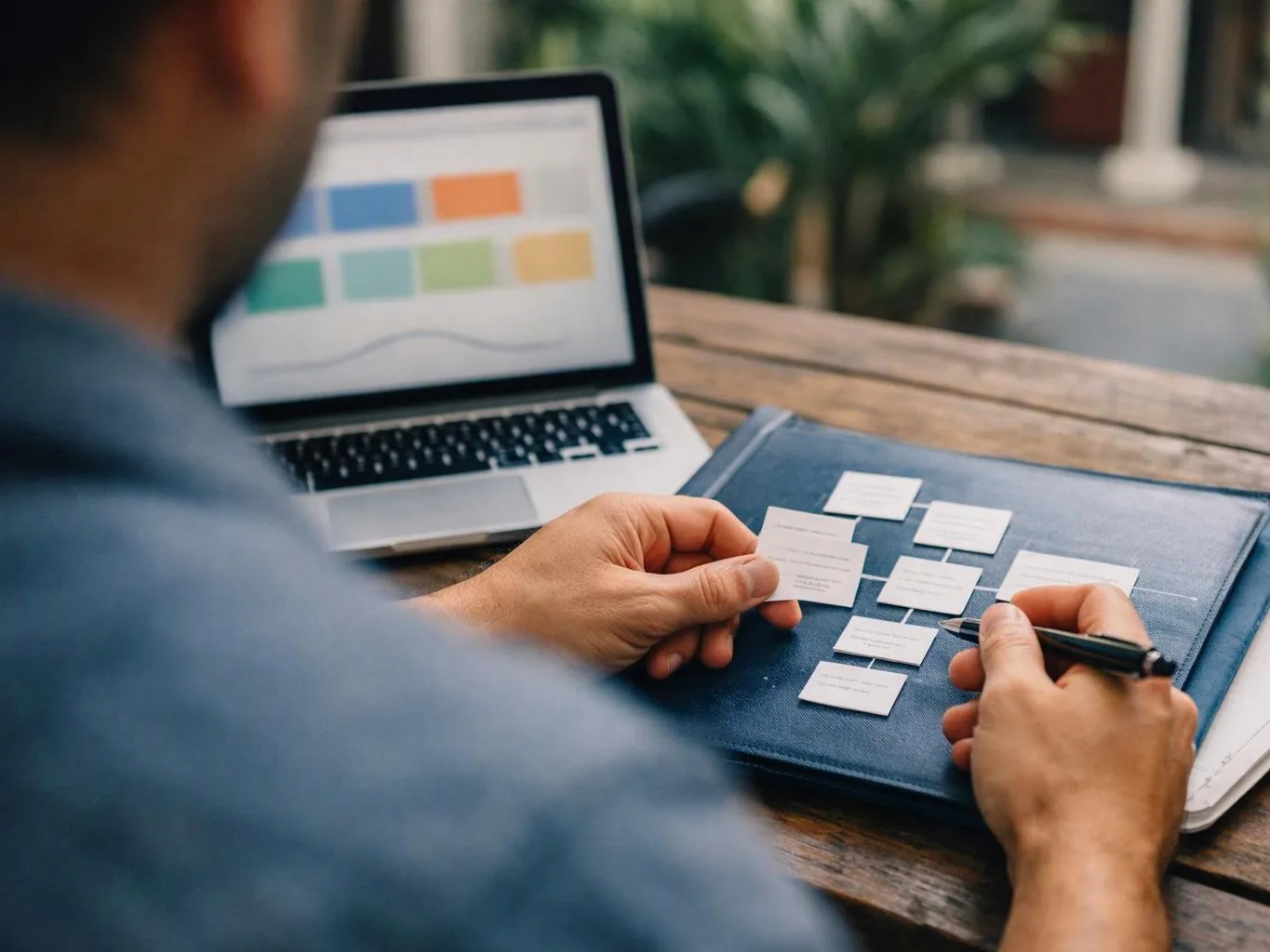 A person arranges small paper cards beside a laptop on a wooden table outdoors