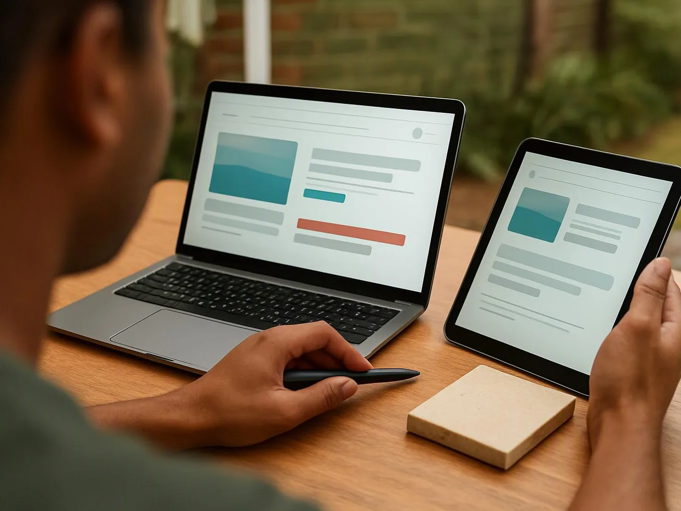 A person compares the same webpage on a laptop and tablet beside a small notepad on a wooden table