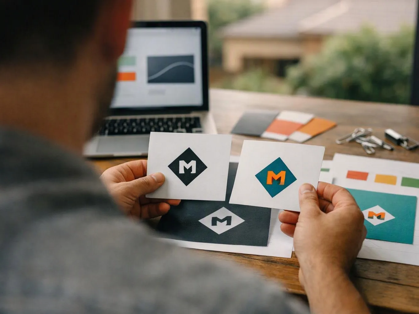 A person compares two logo cards at a desk with a laptop, color swatches, and printed design sheets