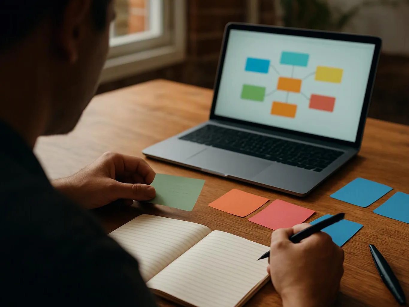 Person at a desk arranges colorful cards while looking at a laptop with a simple flowchart screen