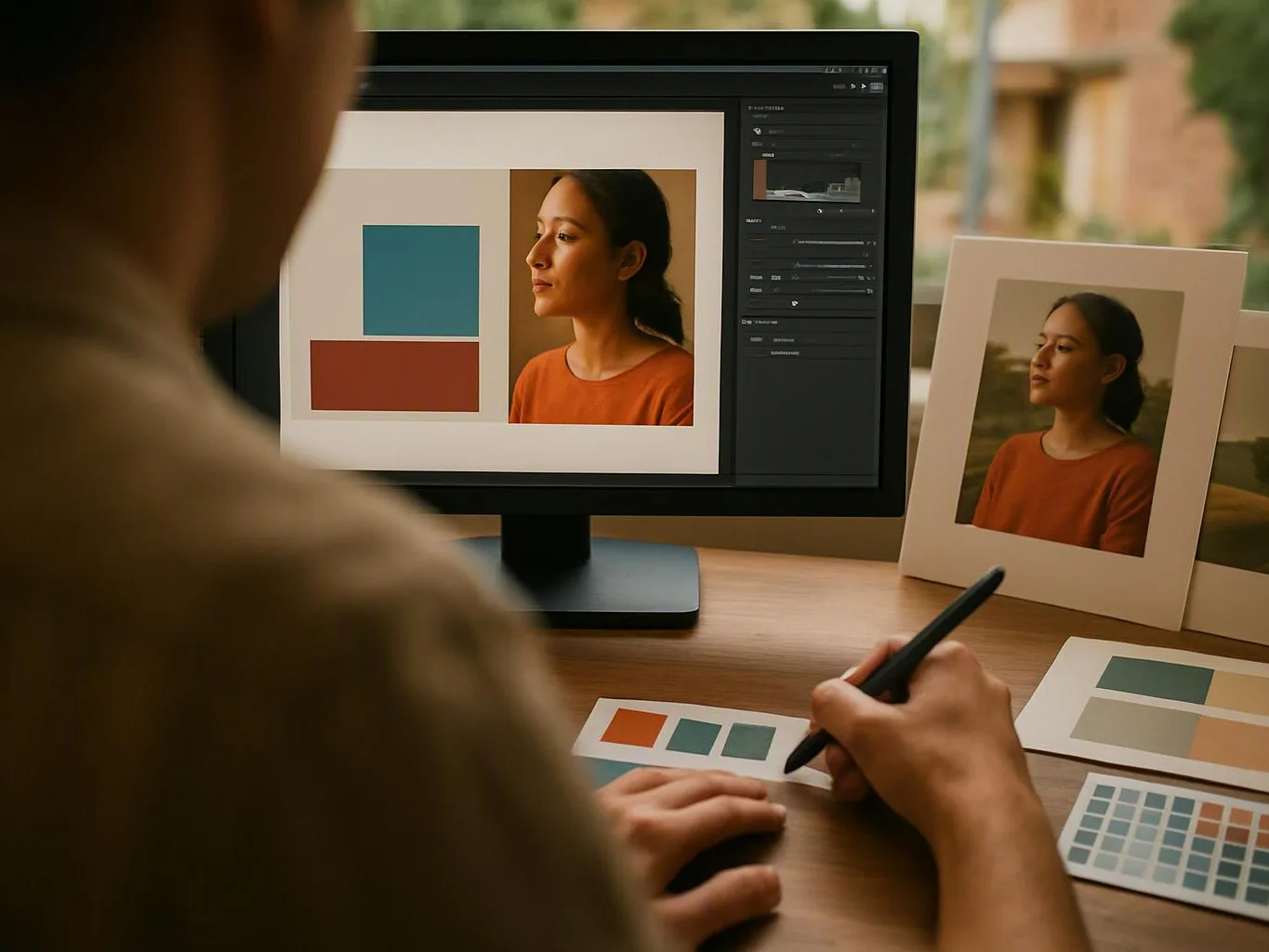 A person edits a portrait on a computer while holding a stylus beside color swatches on a desk