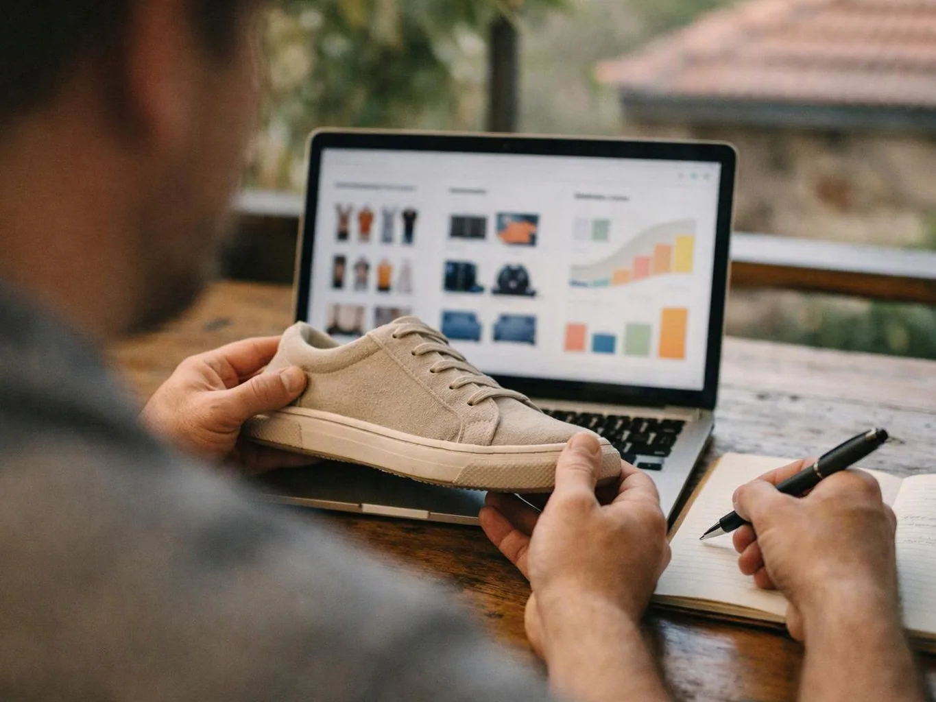 A person holds a beige sneaker while looking at a laptop with product images and charts, and writes in a notebook