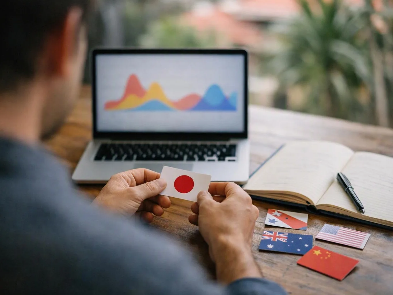A person holds a small Japan flag card at a desk beside a laptop, notebook, pen, and several other flag cards