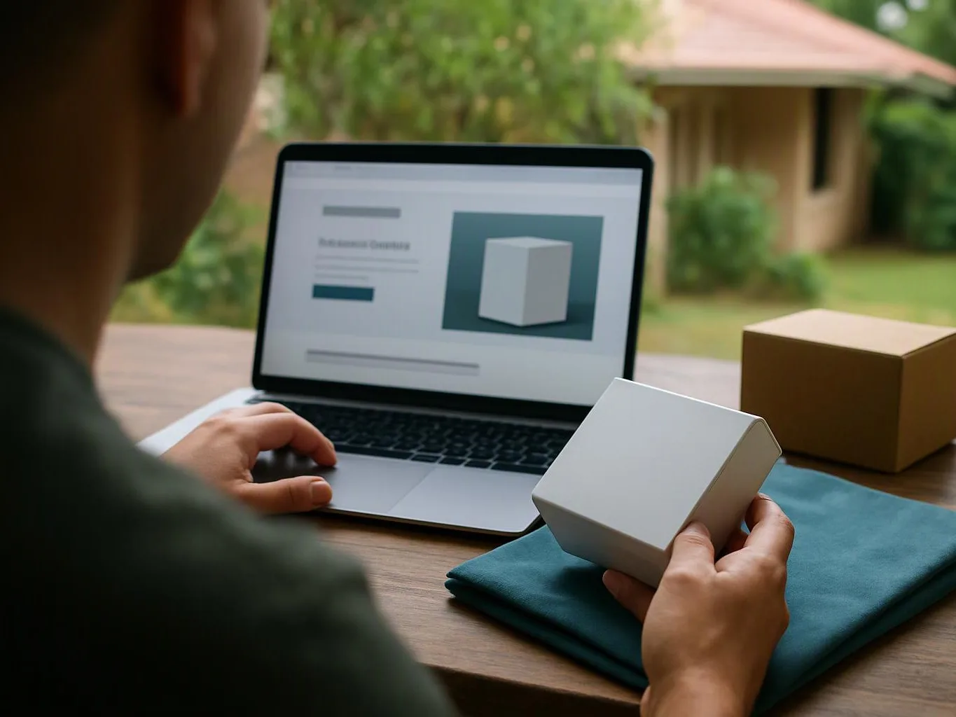 A person holds a white box beside a laptop showing a product page on an outdoor table